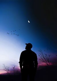 Silhouette man looking at birds against blue sky