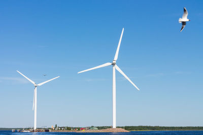 Wind turbine against clear blue sky