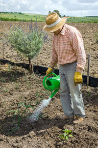 Rear view of child working on field