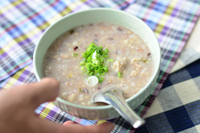 High angle view of soup in bowl on table