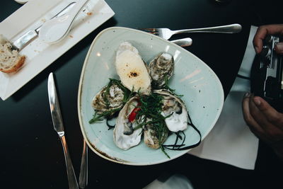 High angle view of meal served in restaurant