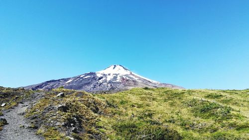 Scenic view of snowcapped mountains against clear blue sky