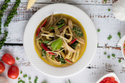 Directly above shot of noodles in bowl on table