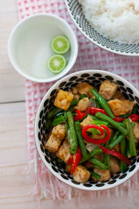 High angle view of meal served on table