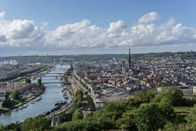 High angle view of buildings and trees against sky