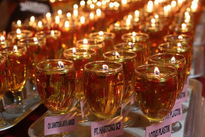 Close-up of candles on glass