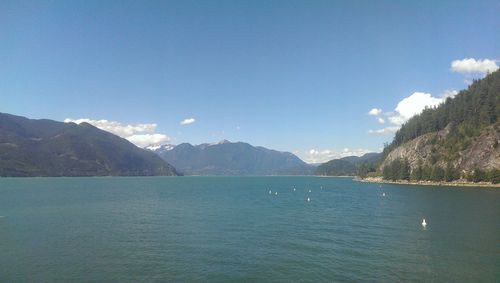 Scenic view of calm sea against mountain range