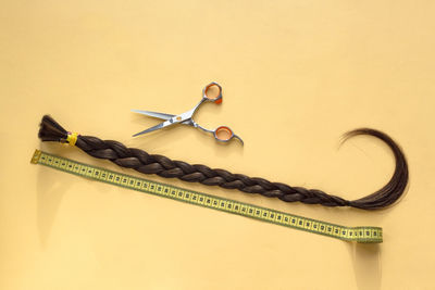 Haircut braid with scissors and tape measure, natural hair for hairstylish extension or donating