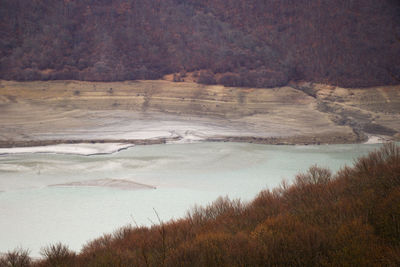 Zhinvali reservoir landscape in georgia, cloudy weather.