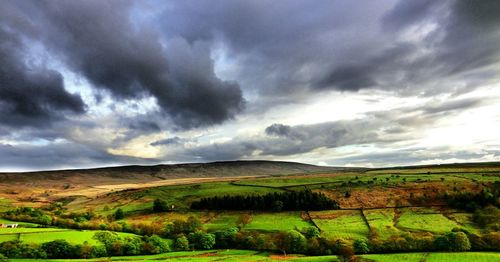 Scenic view of field against cloudy sky