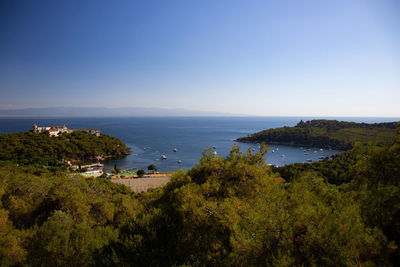 High angle view of sea against clear sky