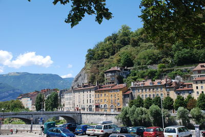 View of train on mountain against sky