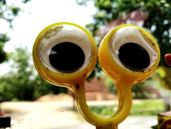 Close-up of cup of tea against trees