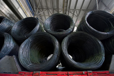 Low angle view of metallic wire rolled in industry