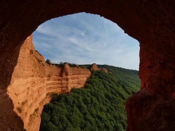 Trees seen through cave against sky