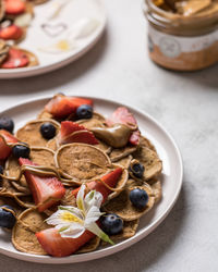 High angle view of breakfast served on table