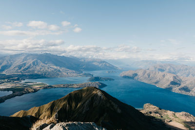 Scenic view of sea and mountains against sky