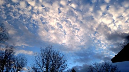 Low angle view of bare tree against cloudy sky