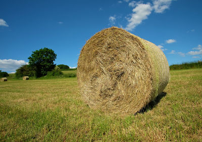 Hay bales on field against sky