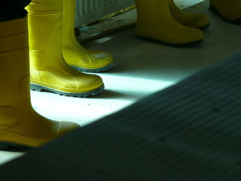Low section of people wearing rubber boot standing on floor