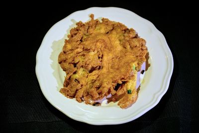 High angle view of breakfast in plate on table