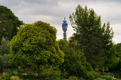 Low angle view of trees and lighthouse against sky