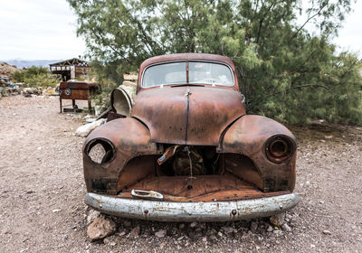 Abandoned car by tree