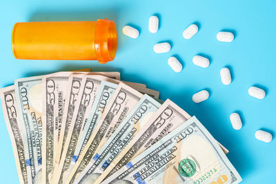 High angle view of paper currency