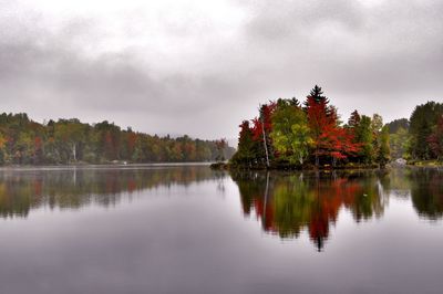 Scenic view of lake by trees against sky