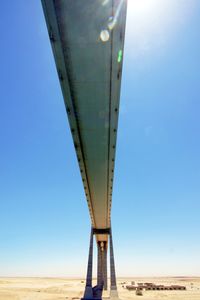 Low angle view of bridge against clear blue sky