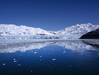 Scenic view of river by snowcapped mountain against clear blue sky