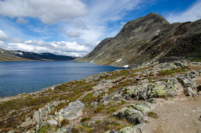 Scenic view of besseggen mountain ridge next to the bessvatnet lake