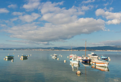 Boats moored in sea against sky