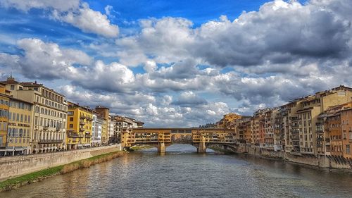 Bridge over river by buildings against sky