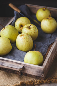 High angle view of apples on table