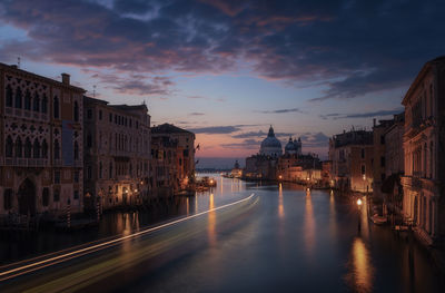 Illuminated buildings in city