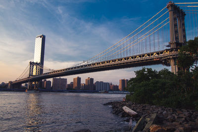 View of suspension bridge over river