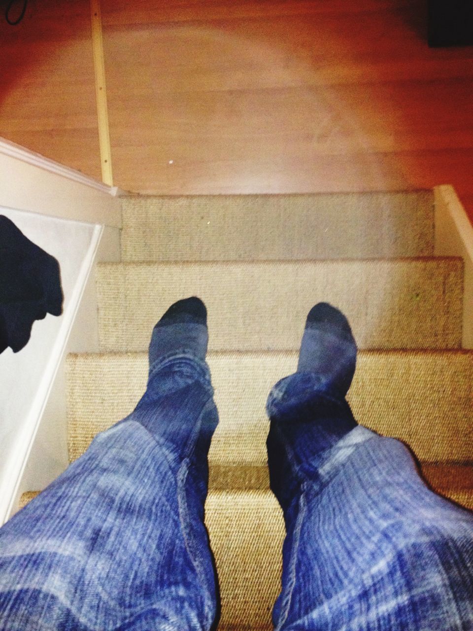 low section, person, shoe, indoors, jeans, personal perspective, standing, lifestyles, human foot, footwear, blue, casual clothing, men, leisure activity, unrecognizable person, sitting