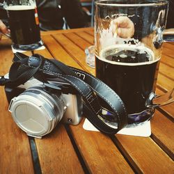 High angle view of beer in glass on table