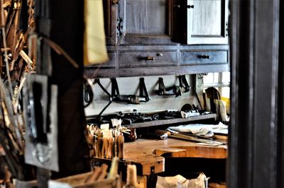 Close-up of work tools in workshop