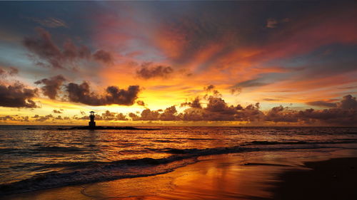 Scenic view of beach against sky during sunset
