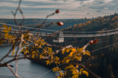 High angle view of plants by bridge against sky