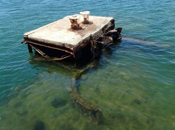 High angle view of abandoned boat on sea