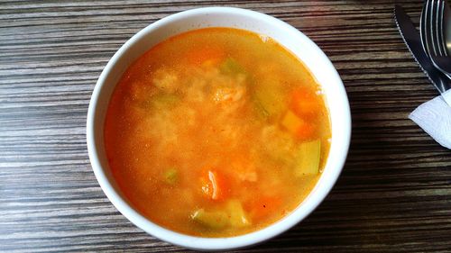 High angle view of soup in bowl