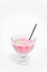 Close-up of drink on glass against white background