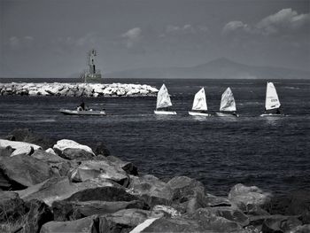 Sailboats on sea shore against sky