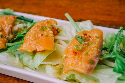 High angle view of seafood in plate on table