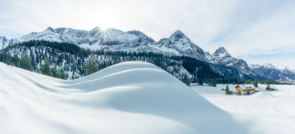 Winter scenery with austrian alps snow-covered. snowdrifts in ski resort in ehrwald, tyrol, austria.