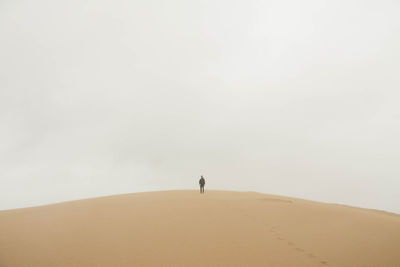 Rear view of person standing on desert against sky