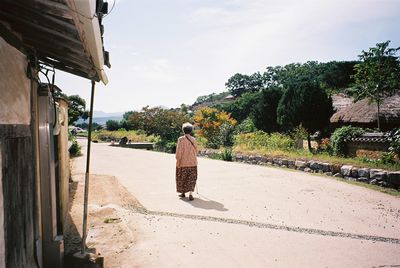 Rear view of man walking on street